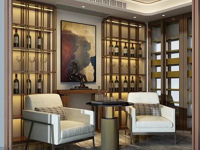 Elegant Bar Area Interior With Wine Racks Bottles White Armchairs Round Table And Art Painting 3d model