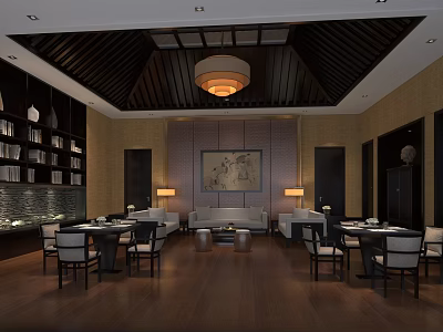 Traditional Chinese Restaurant Interior With Black Wooden Ceiling Chandelier And Dining Tables 3d model