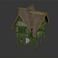 Traditional Wooden House on Tall Stilts with Sloped Roof and Decorative Windows