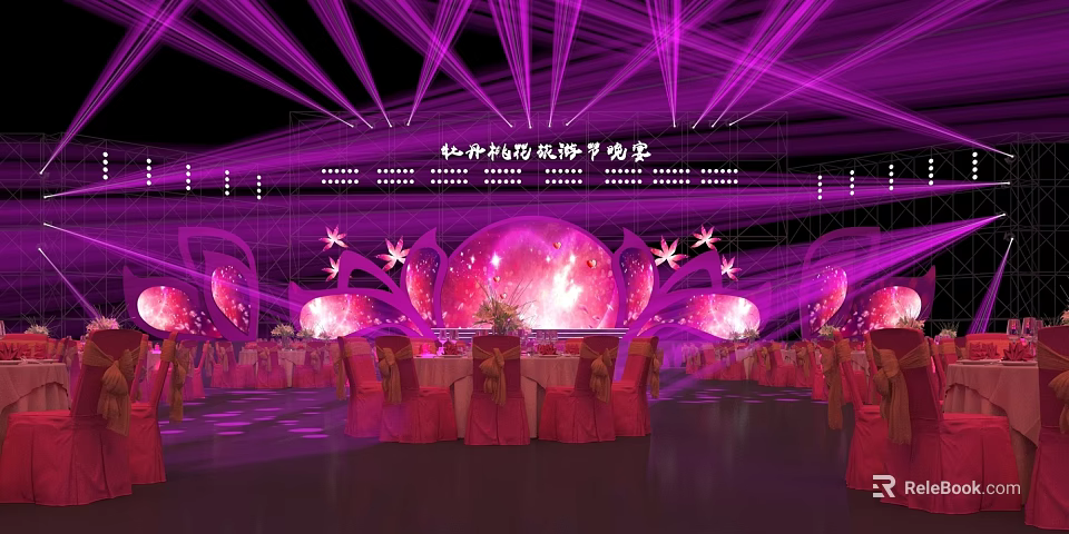 Decorated Banquet Hall With Purple Lighting Stage Pink Decorations And Tables Chairs Setup 3d model 