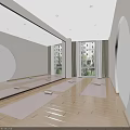 Modern Elevator Hallway With Soft Lighting Wooden Flooring Decorative Art And Rest Benches