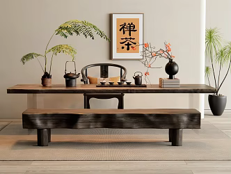 Tea Table and Chair Tea Table Leisure Chair Bench Decorative Painting Tea Set Ornaments Fern Plant Bonsai 3d model