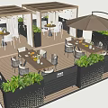 Outdoor Patio With Wooden Pergola Tables Chairs Umbrella And Green Plants