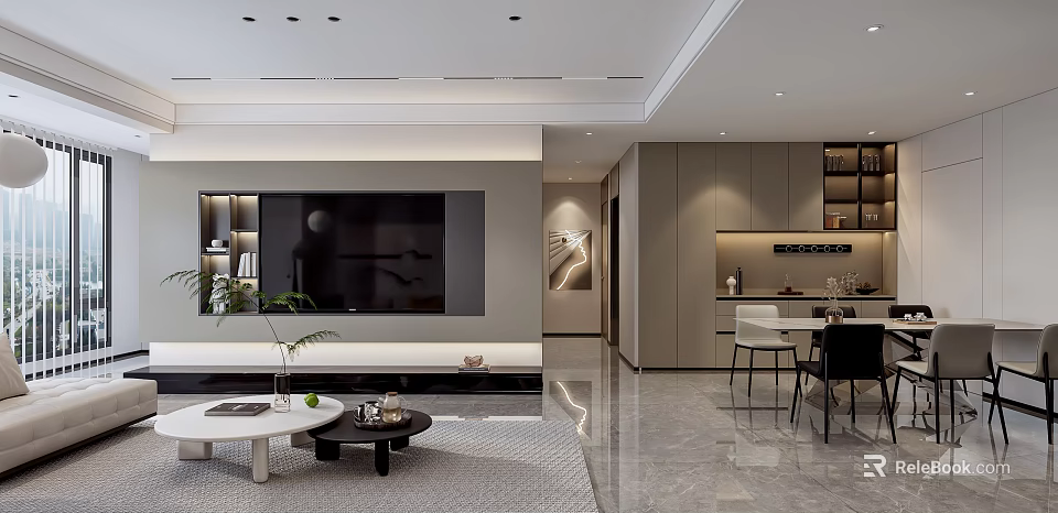 Modern Living Dining Room With TV Wall Coffee Tables Dining Table And Marble Floor 3d model 