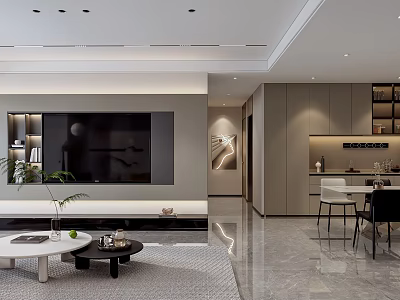 Modern Living Dining Room With TV Wall Coffee Tables Dining Table And Marble Floor 3d model