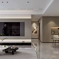 Modern Living Dining Room With TV Wall Coffee Tables Dining Table And Marble Floor