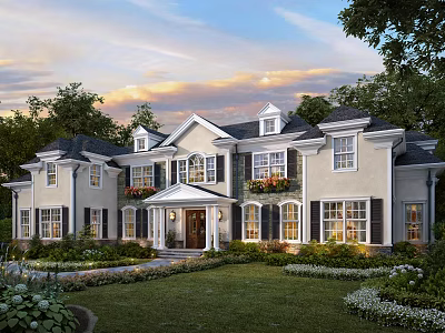 Single Family House Exterior With White Walls Black Shutters Flower Boxes Front Porch Landscaped Lawn 3d model