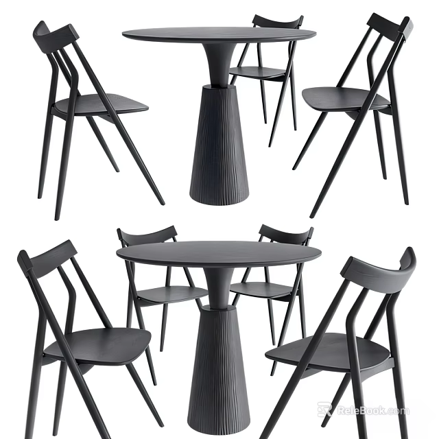 Modern Black Round Dining Table Set with Four Stylish Chairs and Unique Design 3d model