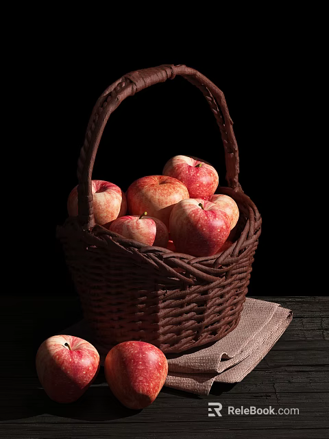 Fresh Ripe Red Apples in Wicker Basket on Dark Cloth Surface 3d model 