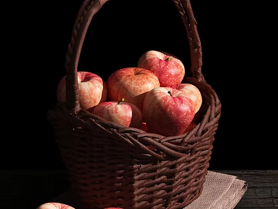 Fresh Ripe Red Apples in Wicker Basket on Dark Cloth Surface 3d model