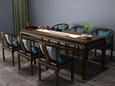 Chinese Style Tea Table And Chairs With Blue Cushions Teaware And Potted Plant 3d model