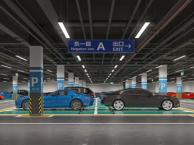 Parking Garage Featuring Parked Cars Directional Signs Blue P Markers Yellow Lines And White Lights 3d model