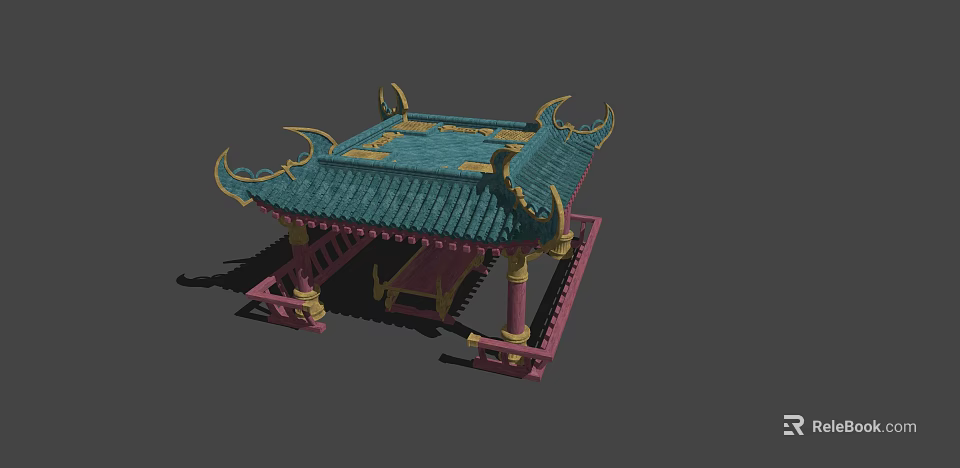 Traditional Style Landscape Pavilion With Green Roof Curved Eaves Red Pillars And Golden Decorations 3d model 