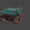 Traditional Style Landscape Pavilion With Green Roof Curved Eaves Red Pillars And Golden Decorations