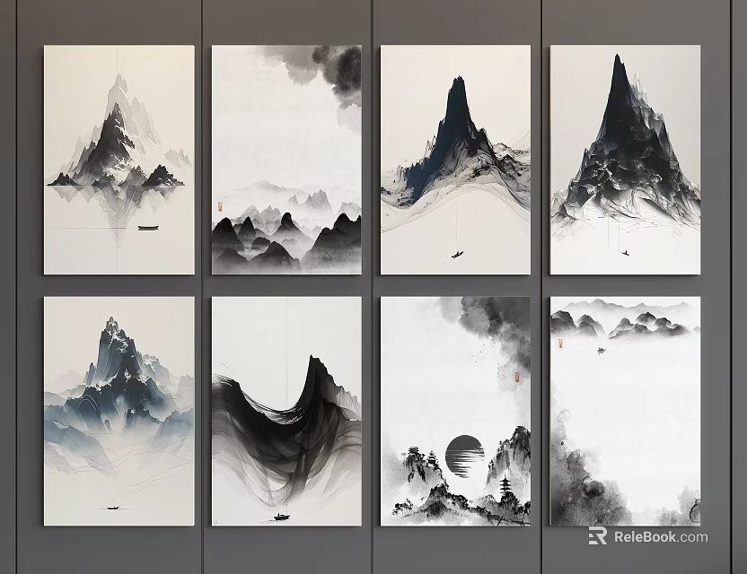 Chinese Ink Landscape Paintings With Mountain Clouds Water And Eight Panels 3d model 