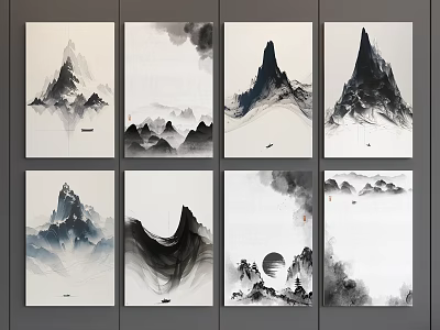 Chinese Ink Landscape Paintings With Mountain Clouds Water And Eight Panels 3d model