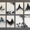 Chinese Ink Landscape Paintings With Mountain Clouds Water And Eight Panels