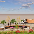 Charming Homestay Building With Panda On Roof Green Plants Red Flowers And Outdoor Seating