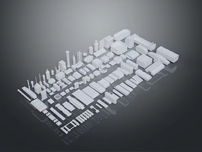 White Architectural Building Models Showcasing Various Designs In Arranged Display On Dark Reflective Background 3d model