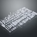 White Architectural Building Models Showcasing Various Designs In Arranged Display On Dark Reflective Background