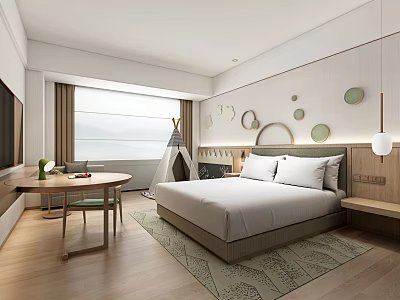 Elegant Modern Hotel Room Interior With King Bed Large Window Area Rug And Wall Decor 3d model