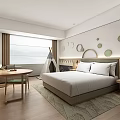 Elegant Modern Hotel Room Interior With King Bed Large Window Area Rug And Wall Decor