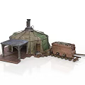 Vintage Model Train On Railroad Tracks With Small Building Structure