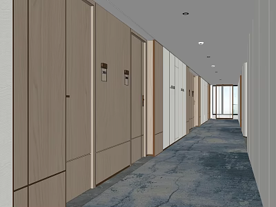 Hotel Corridor Interior With Wooden Doors Room Signs Blue Carpet Recessed Lighting And Natural Light 3d model