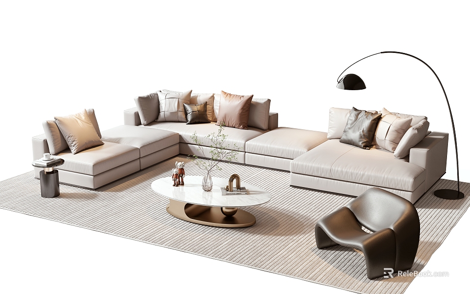 Modern Beige Sofa And Coffee Table Set With Round Marble Top Pillows And Floor Lamp 3d model 