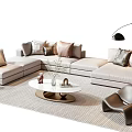 Modern Beige Sofa And Coffee Table Set With Round Marble Top Pillows And Floor Lamp