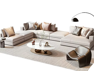 Modern Sofa Coffee Table Combination Sofa Coffee Table Decoration Floor Lamp Potted Plant Wall Decoration Book Carpet 3d model