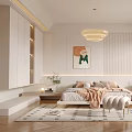 Modern Bedroom Interior Featuring Cozy Bed Pendant Light Artwork And Neutral Tones 3d model