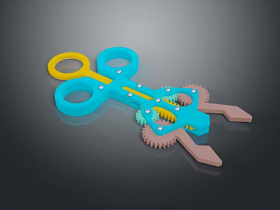 3D Mechanical Model Featuring Blue Scissors Shaped Structure Yellow Rings and Gears 3d model