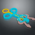 3D Mechanical Model Featuring Blue Scissors Shaped Structure Yellow Rings and Gears