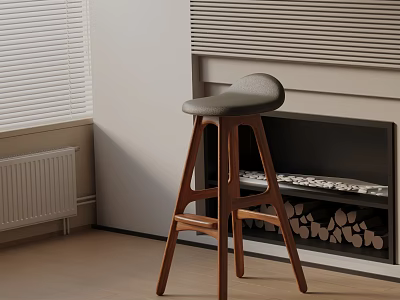 Modern Wooden Bar Stool With Upholstered Seat By Fireplace And Firewood Stack 3d model