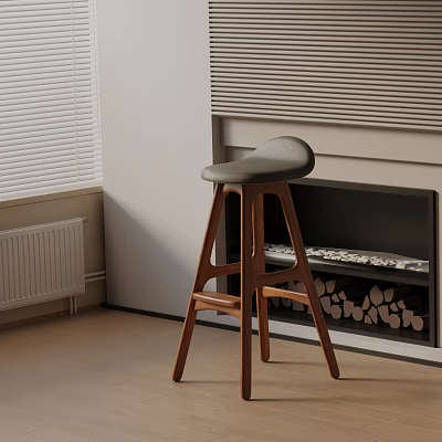 Modern Wooden Bar Stool With Upholstered Seat By Fireplace And Firewood Stack 3d model