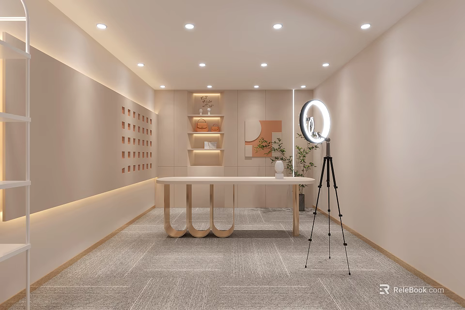 Public Office Area With Long Table Lighting Wall Design And Ring Light 3d model 