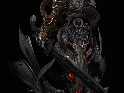 Intricate Detailed Sculpture Carving With Mechanical Armor Glowing Elements And Sword 3d model