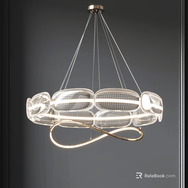 Modern Elegant White Wireframe Chandelier With Golden Infinity Curve For Contemporary Interior Design 3d model 