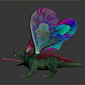 Game Character Dragon 3D Model With Colorful Wings Green Body Open Mouth Aggressive Gray Background