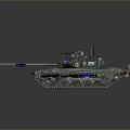 Military Tank With Blue Stripes And Red Lights On Gray Background
