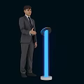 Man in Suit Standing Next to Blue Glowing Activation Device With White Base