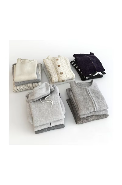Cozy Knit Clothes Stacked With Gray White And Dark Colored Sweaters And Cardigans 3d model