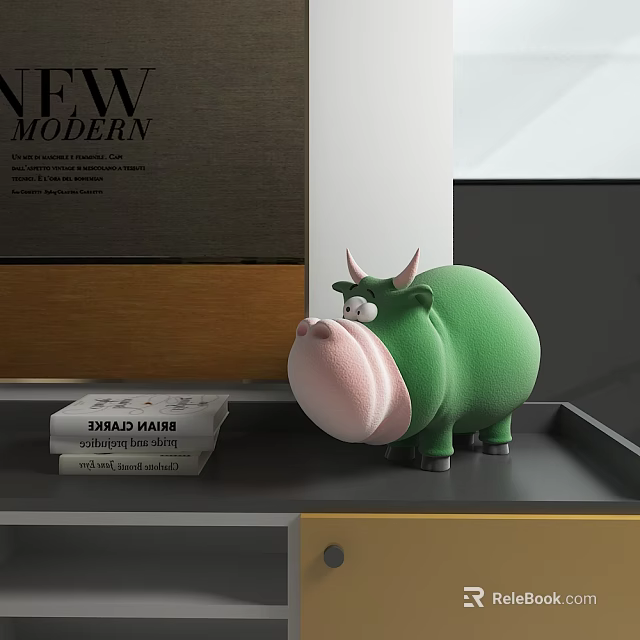Green Cow Stuffed Doll Cute Design on Bookshelf with Khalid Hossain Books 3d model 