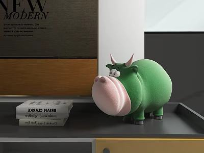 Green Cow Stuffed Doll Cute Design on Bookshelf with Khalid Hossain Books 3d model