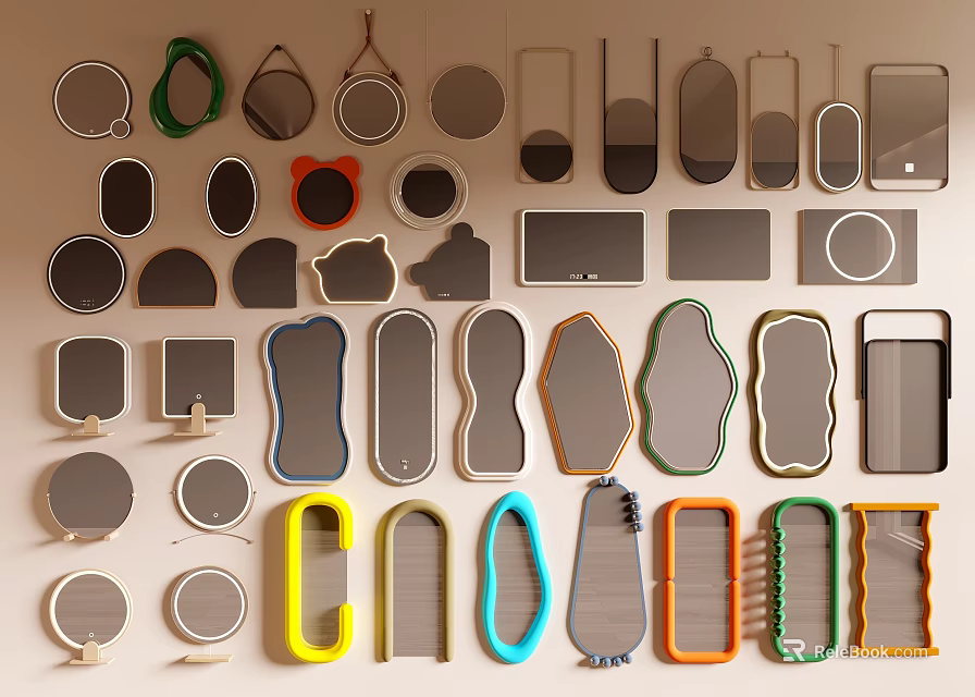 Various Shapes And Colors Mirrors Hanging On Wall For Decorative 3d model 