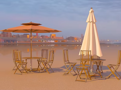 Outdoor Chairs On Scenic Beach With Tables Orange White Umbrellas And Sunset 3d model