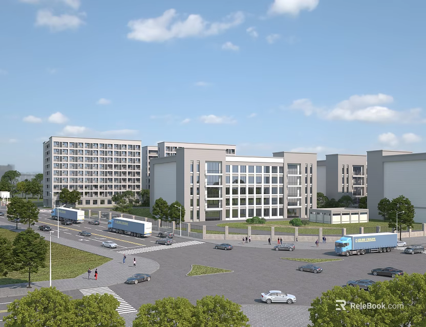 Modern Office Buildings Complex With Trees Parking Area And Pedestrians Under Blue Sky 3d model 