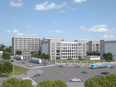 Modern Office Buildings Complex With Trees Parking Area And Pedestrians Under Blue Sky 3d model