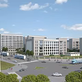 Modern Office Buildings Complex With Trees Parking Area And Pedestrians Under Blue Sky